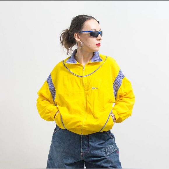 VINTAGE 90s Yellow Zip Track Jacket Windbreaker | Blue+White Checker Accents Y2K - Picture 3 of 5